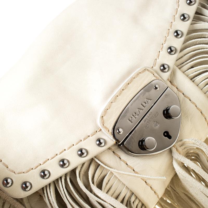 Prada Cream Vitello Shine Leather Fringe Shoulder Bag 1