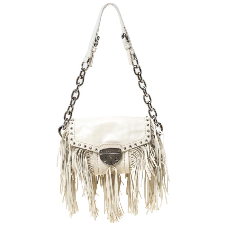 Prada Cream Vitello Shine Leather Fringe Shoulder Bag