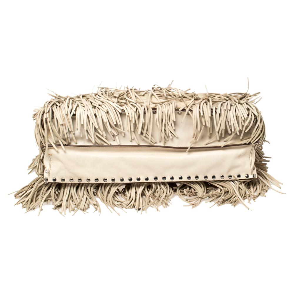 Prada Cream White Leather Fringe Tote 1