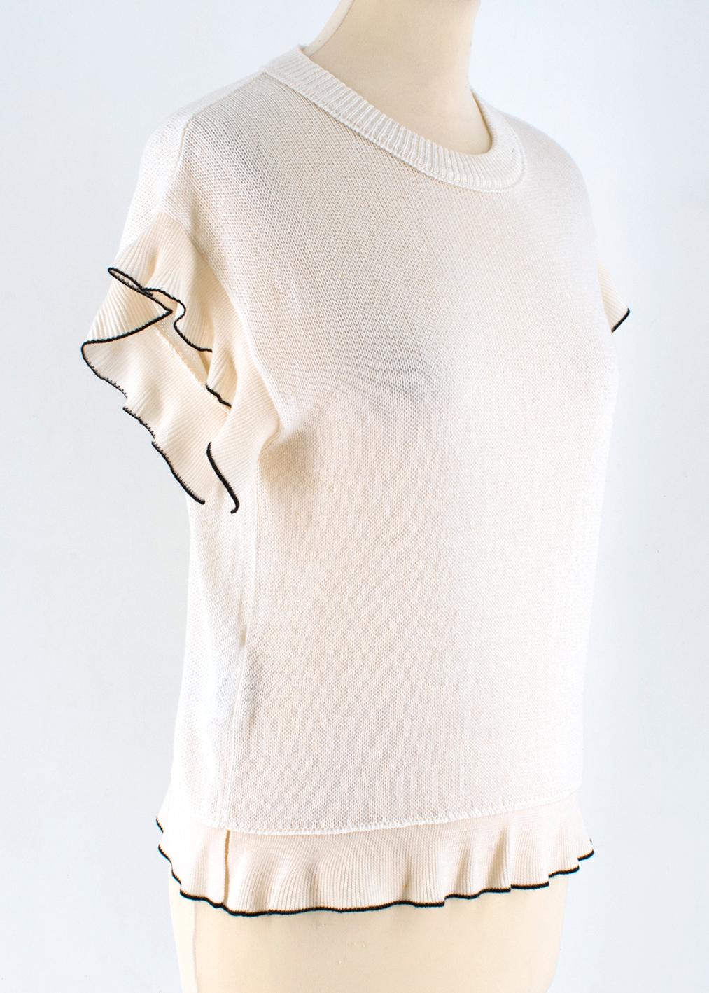 Prada Cream Wool blend Knit Top

- cream knit top
- lightweight and sheer
- round neckline
- ruffle short sleeve
- black trim 

Please note, these items are pre-owned and may show some signs of storage, even when unworn and unused. This is reflected