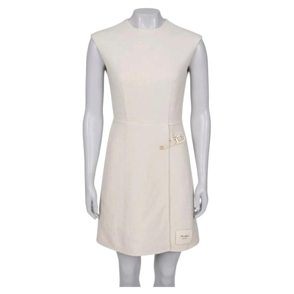 Pre-owned Prada Ivory Wool Fitted Dress Xxs It36 Gold Hardware Zipper Closure In White