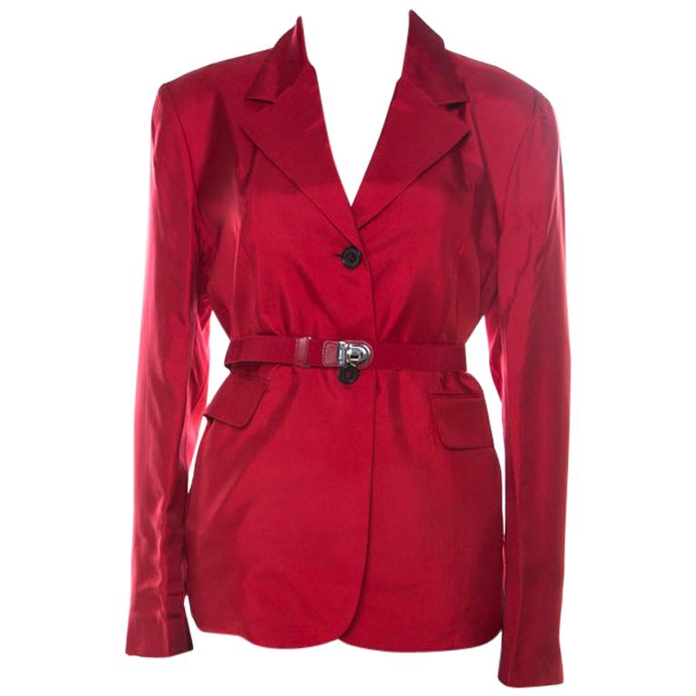 Prada Crimson Red Silk Belted Tailored Jacket L