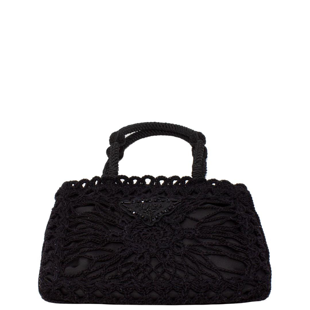 Black Prada Crochet Beaded Top Handle Bag For Sale
