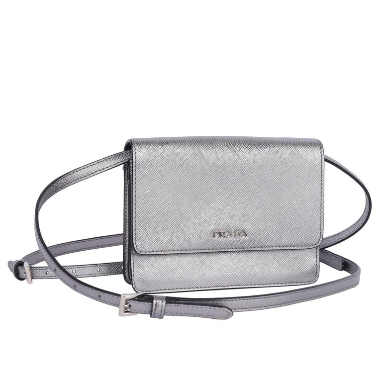 Prada Cromo Saffiano Lux Leather Small Crossbody Bag Silver at 1stDibs