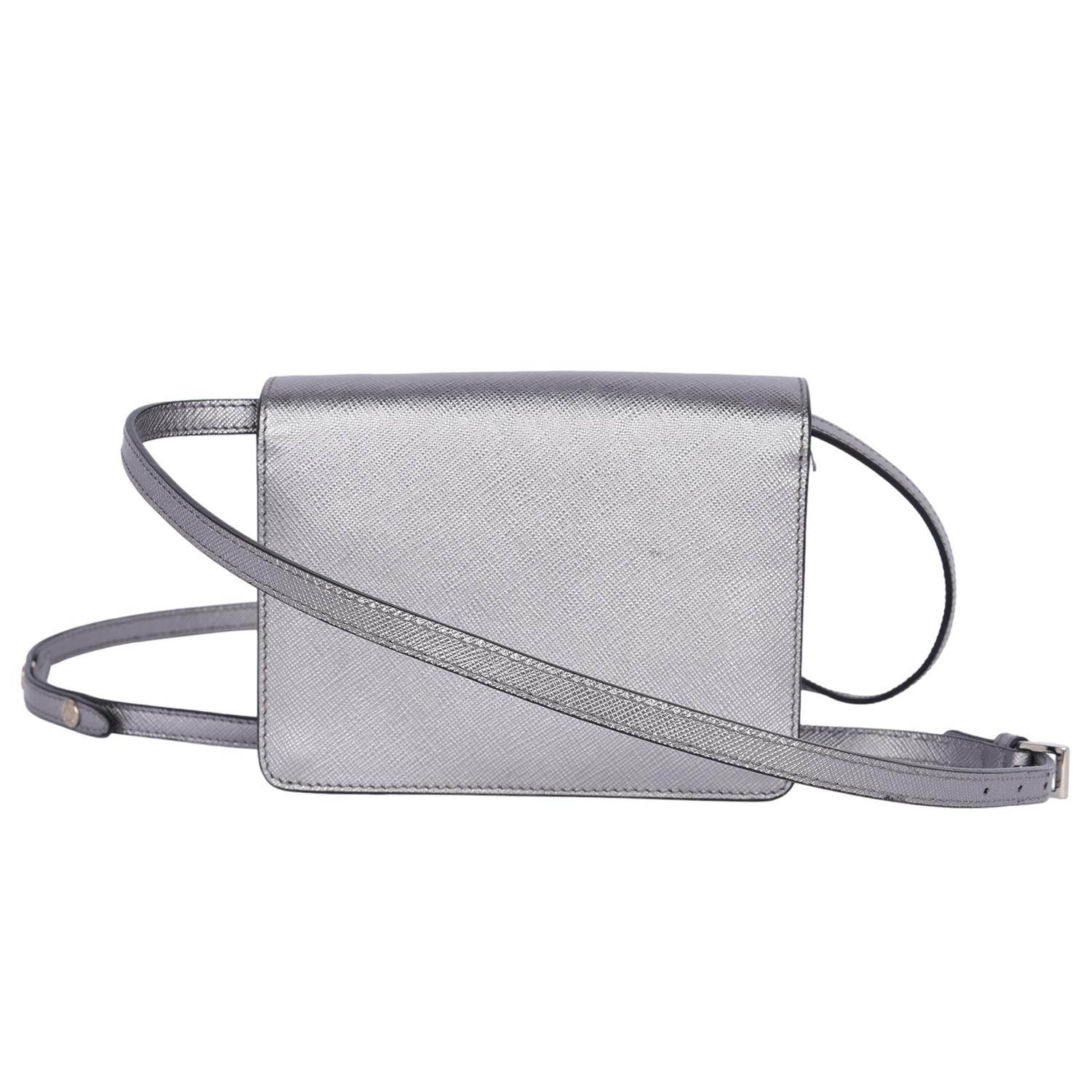 Prada Cromo Saffiano Lux Leather Small Crossbody Bag Silver 2