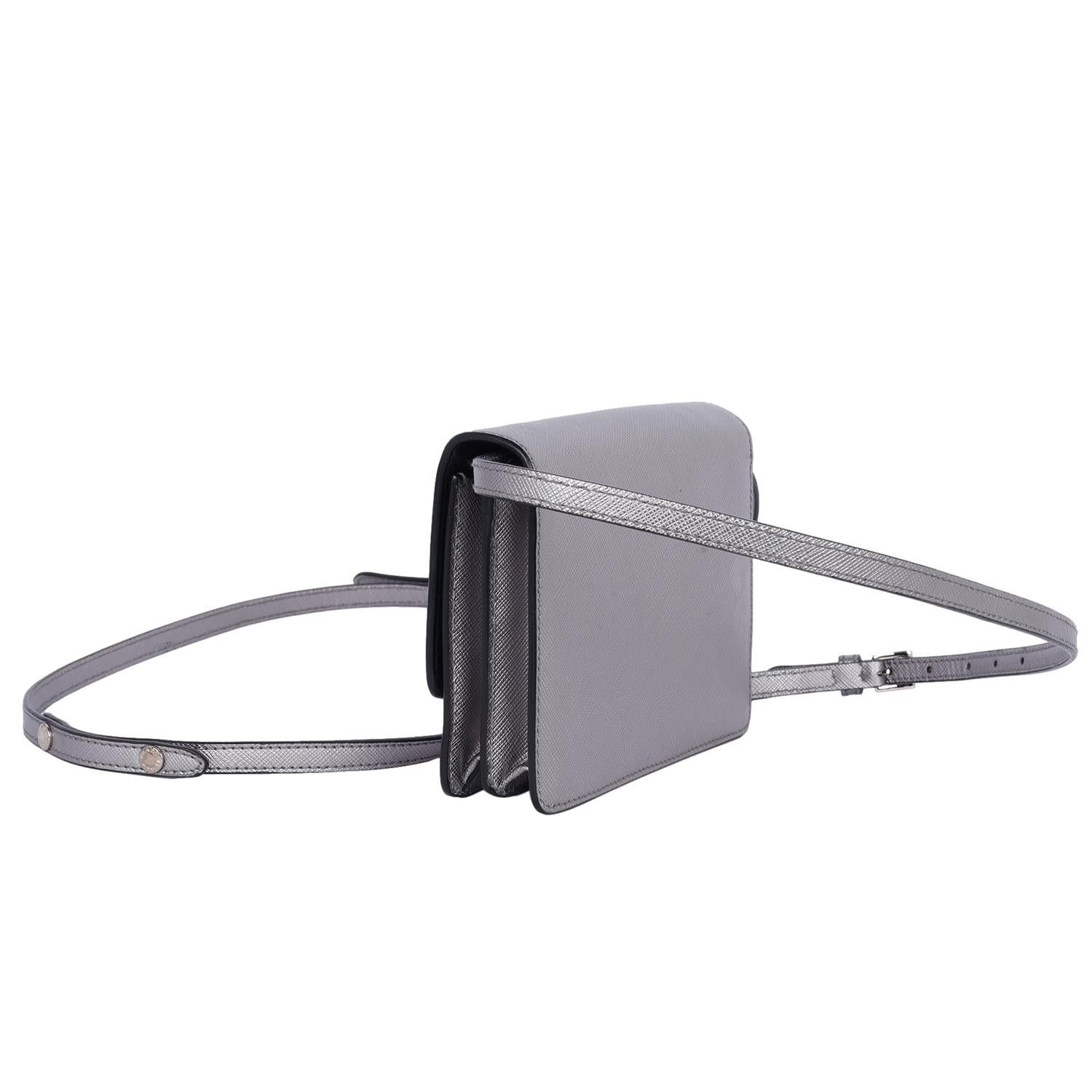 Prada Cromo Saffiano Lux Leather Small Crossbody Bag Silver 3
