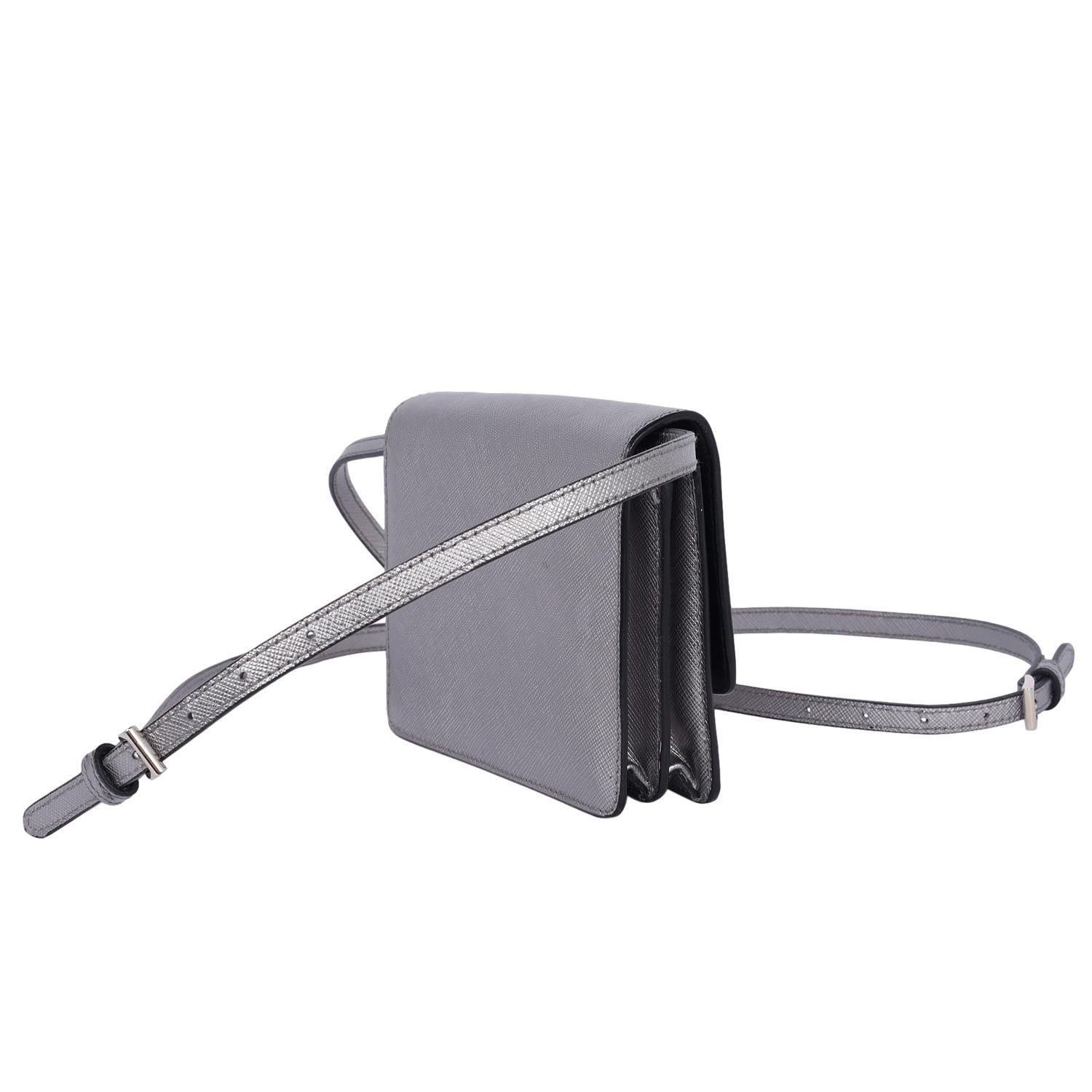 Prada Cromo Saffiano Lux Leather Small Crossbody Bag Silver 4