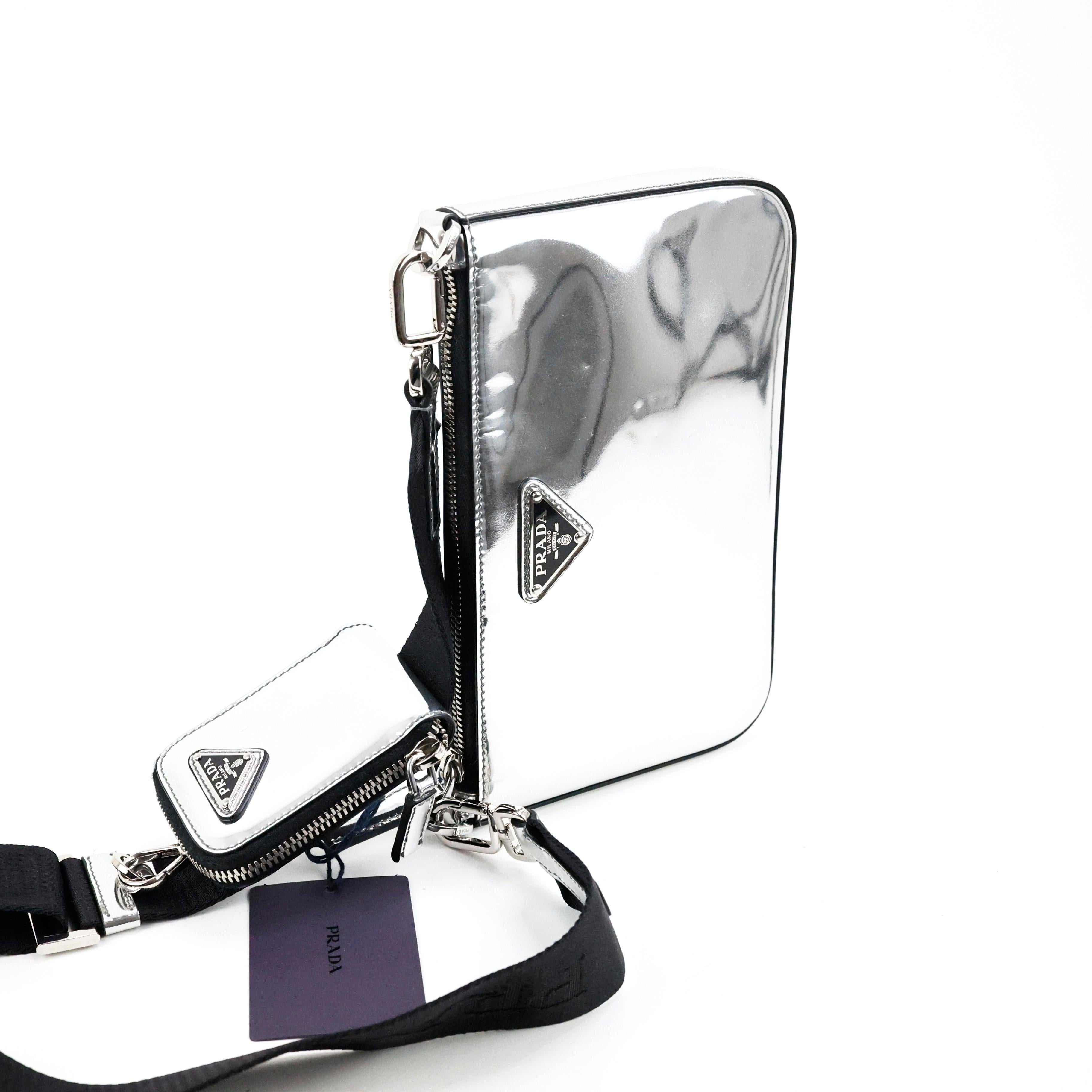 Prada Crossbody Bag In Silver Spazzolato Leather 7