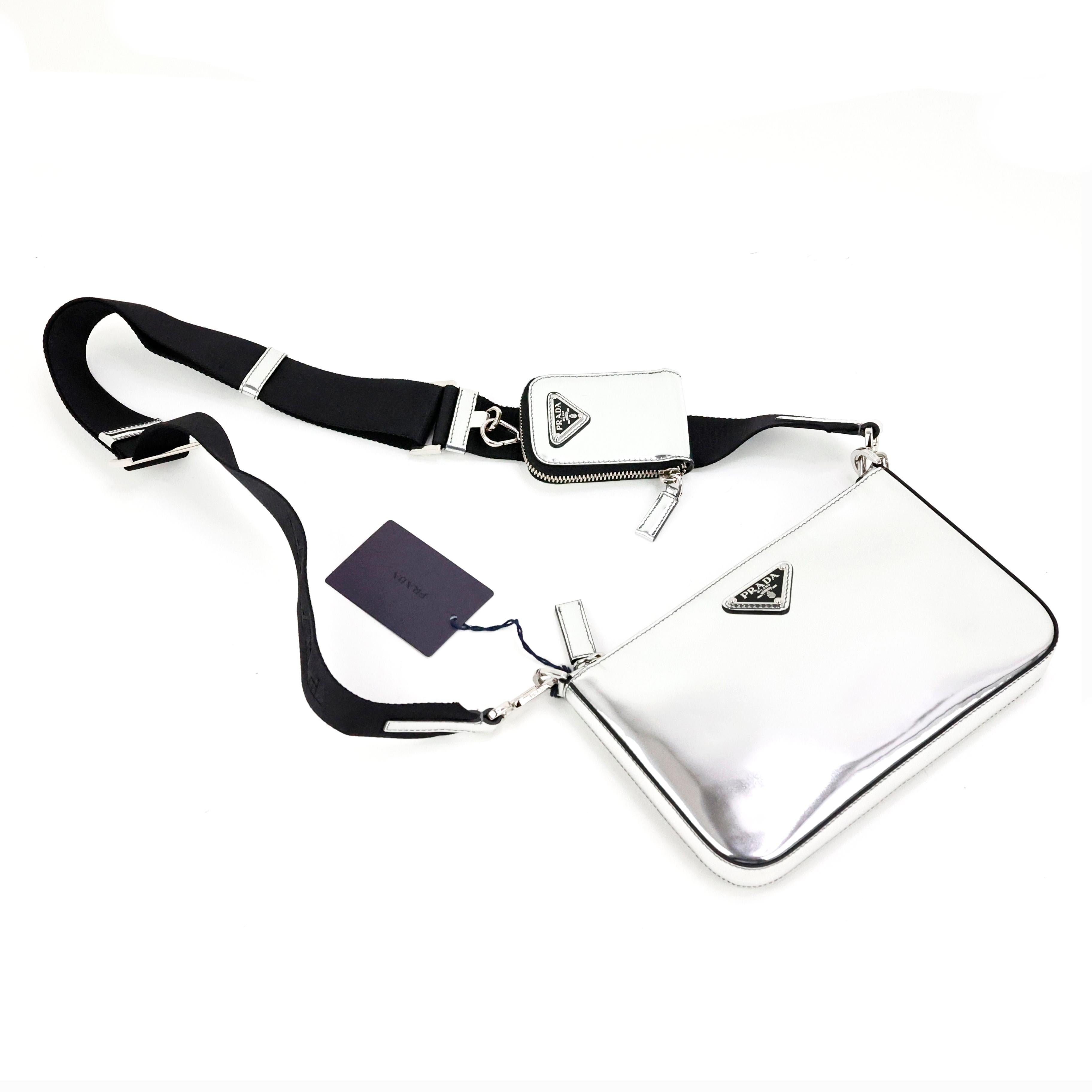 Prada Crossbody Bag In Silver Spazzolato Leather For Sale 8