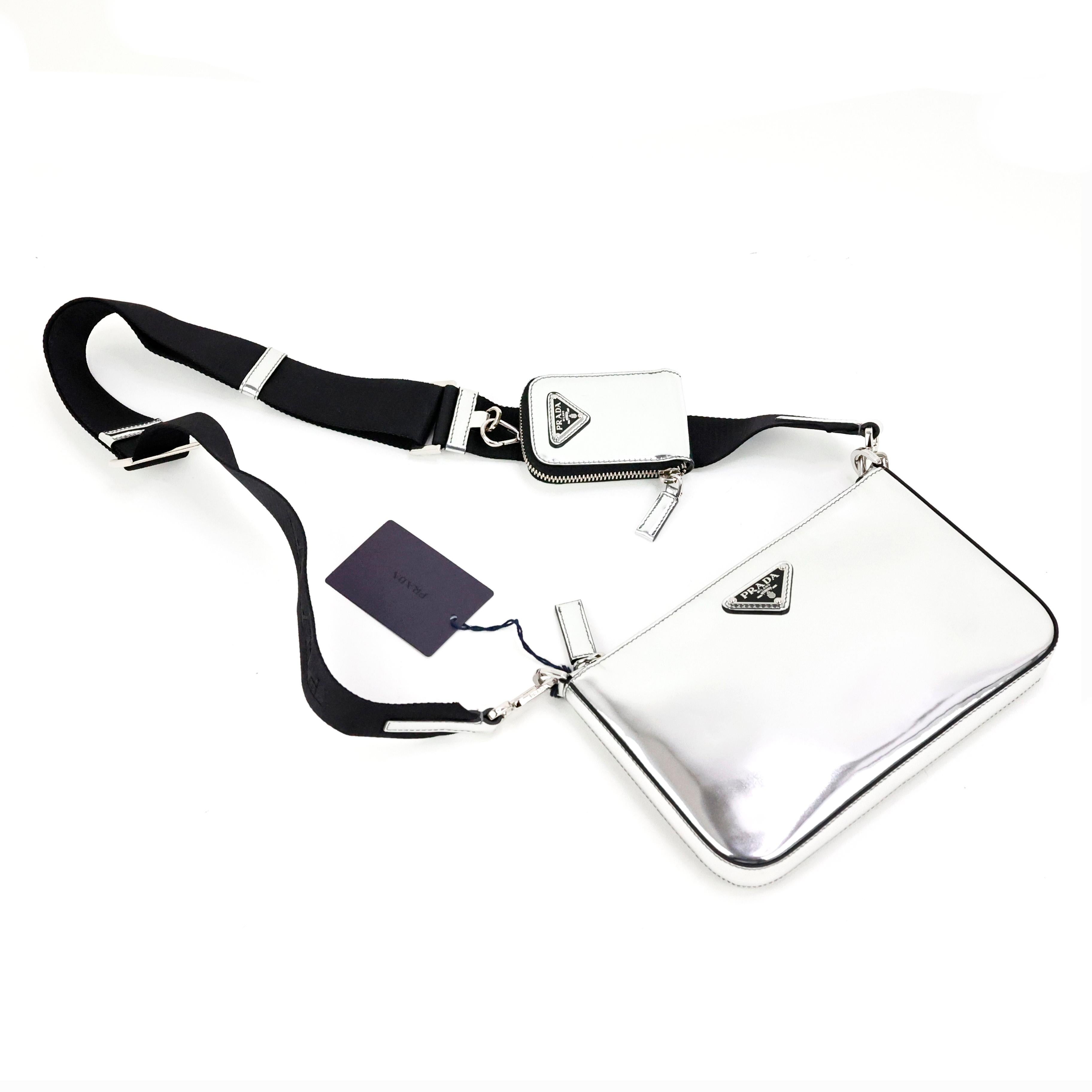 Prada Crossbody Bag In Silver Spazzolato Leather 8