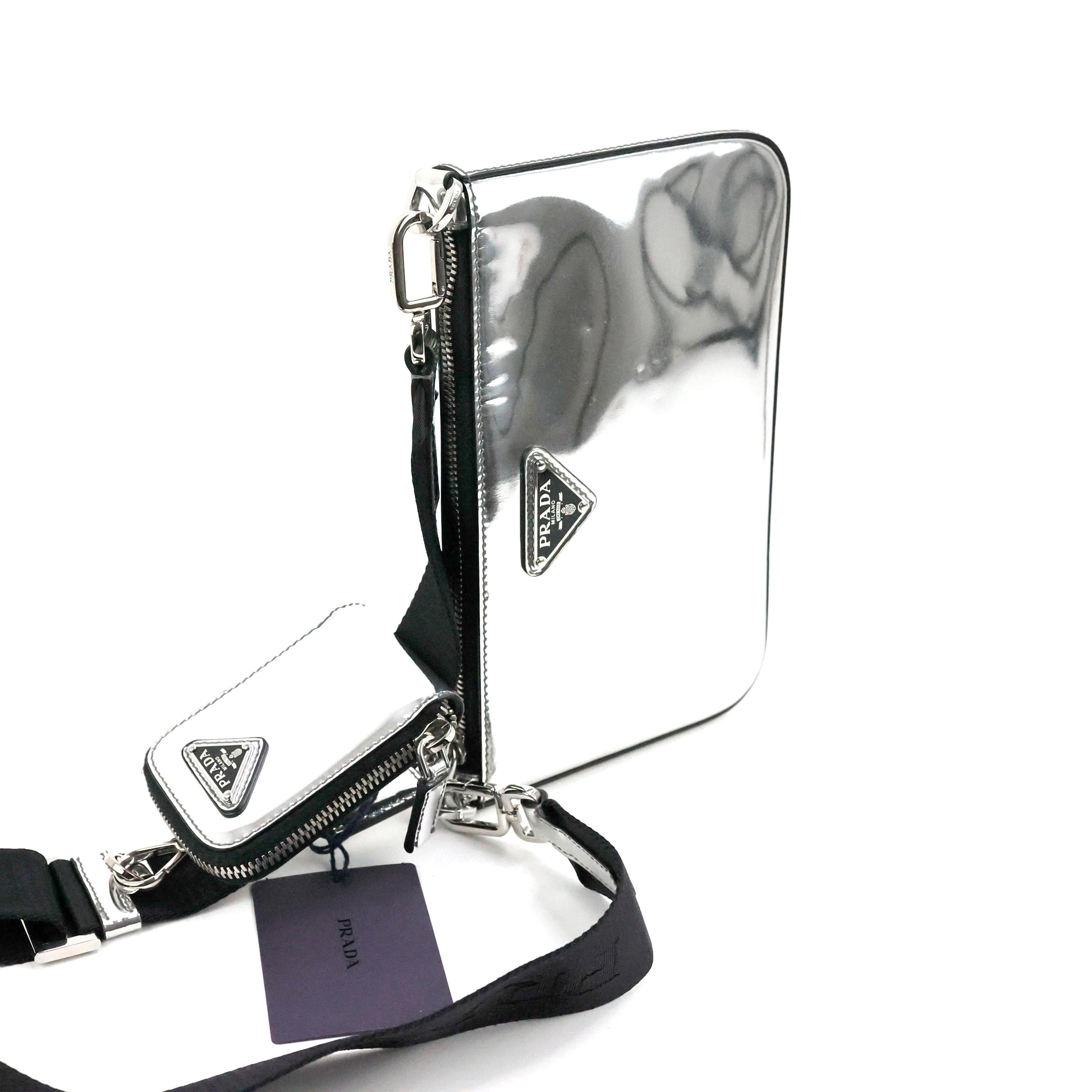 Prada Crossbody Bag In Silver Spazzolato Leather 5