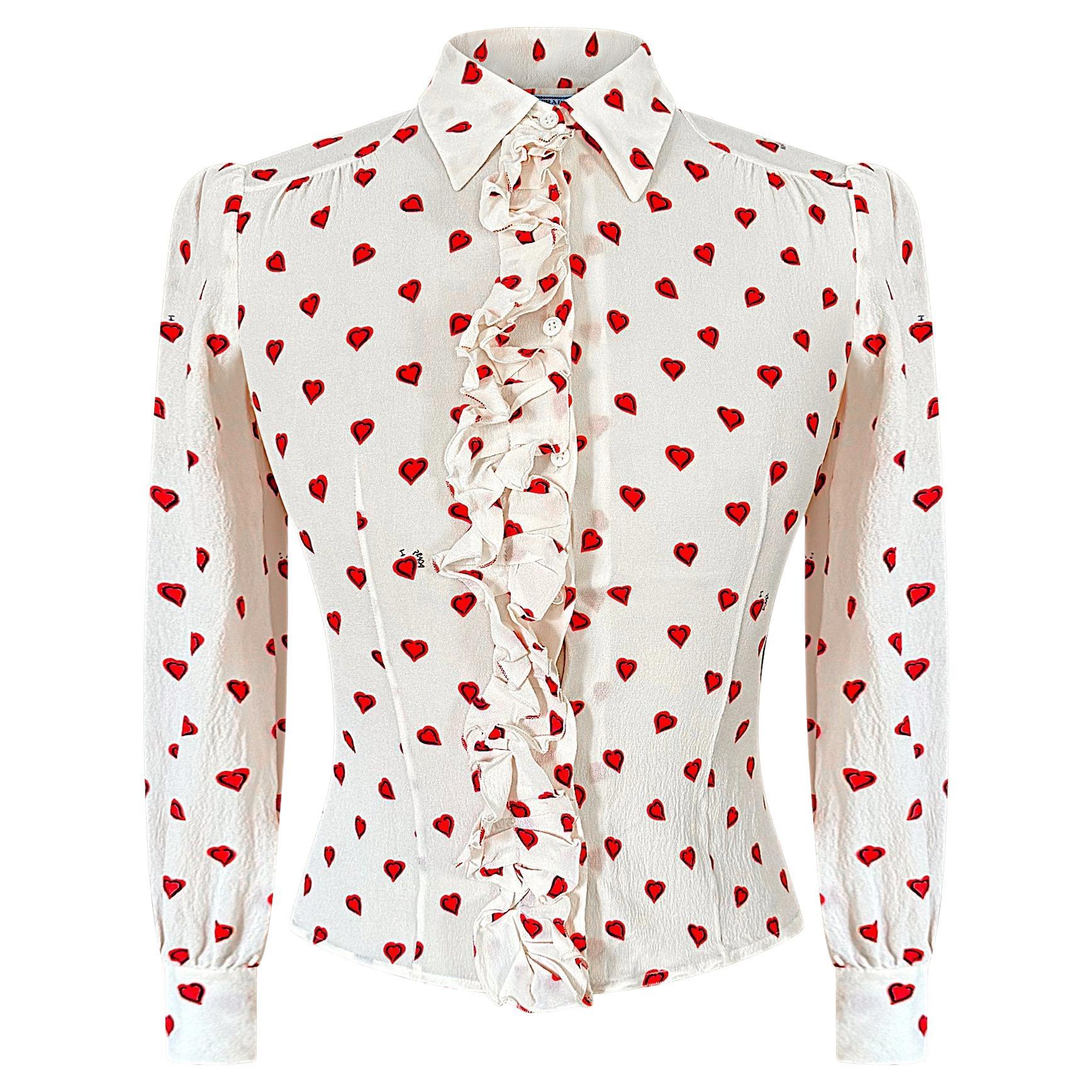 Prada Cruise 2012 Heart Print Ruffled Silk Blouse in vendita