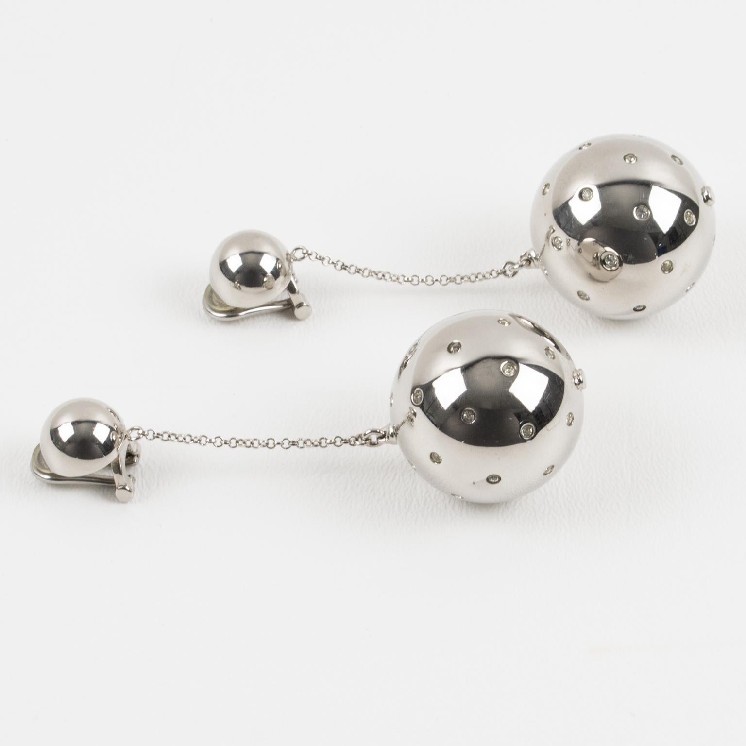 Modernist Prada Crystal Embellished and Silver-plate Sphere Ball Dangle Clip Earrings