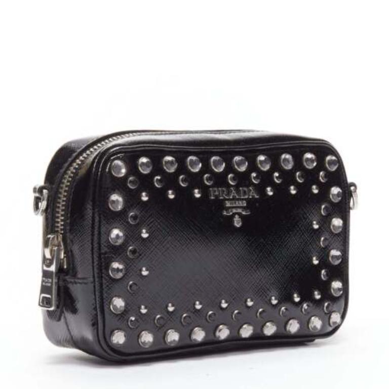 Black PRADA crystal silver stud logo black saffiano leather crossbody camera bag For Sale