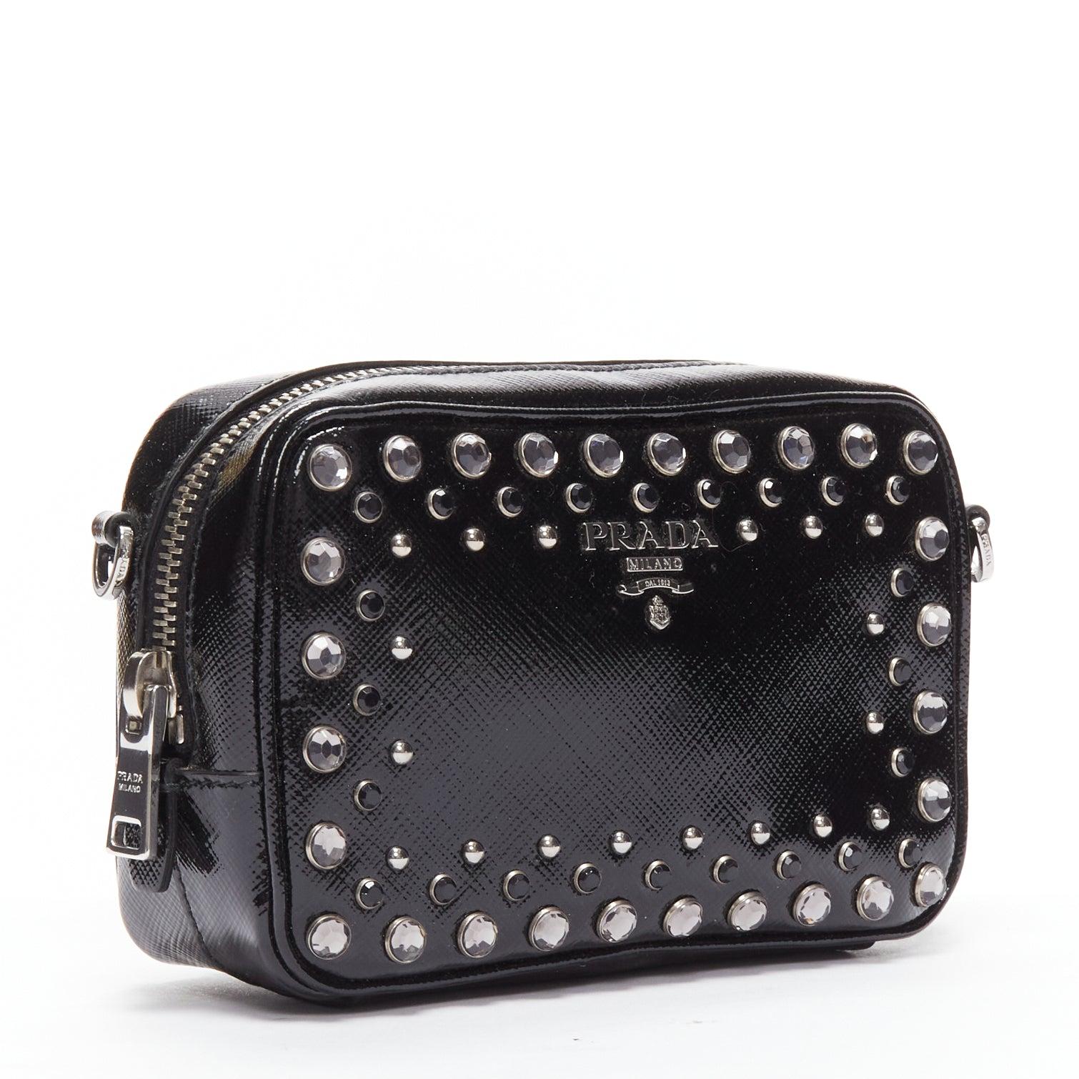 PRADA crystal silver stud logo black saffiano leather crossbody camera bag In Good Condition In Hong Kong, NT