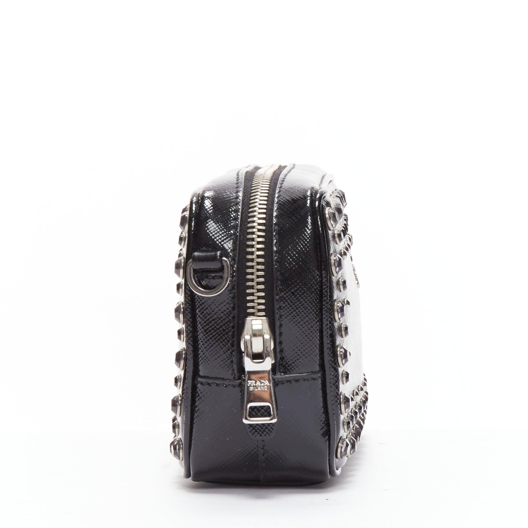 PRADA crystal silver stud logo black saffiano leather crossbody camera bag In Good Condition For Sale In Hong Kong, NT