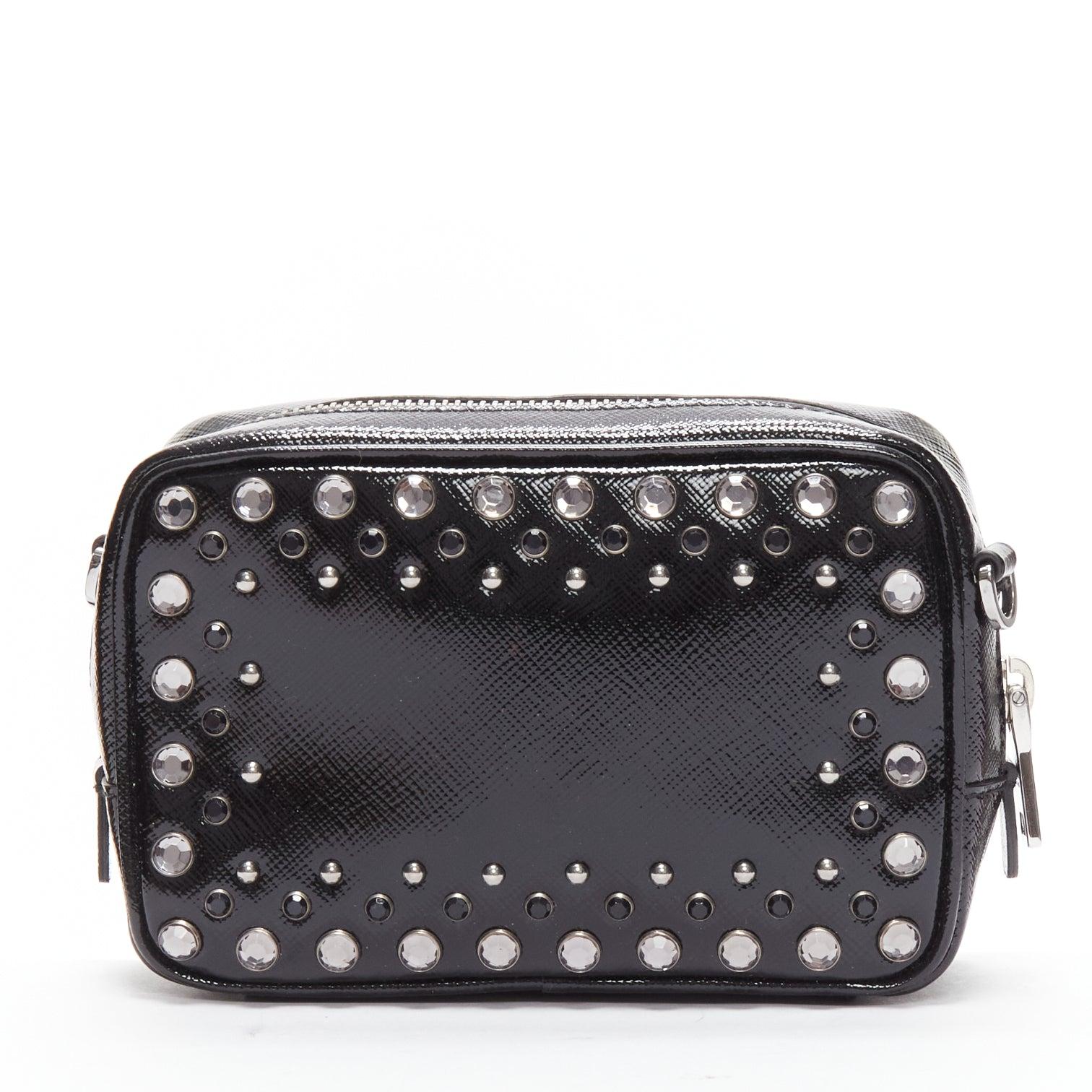 Women's PRADA crystal silver stud logo black saffiano leather crossbody camera bag For Sale