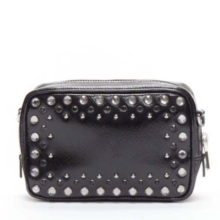 Women's PRADA crystal silver stud logo black saffiano leather crossbody camera bag For Sale