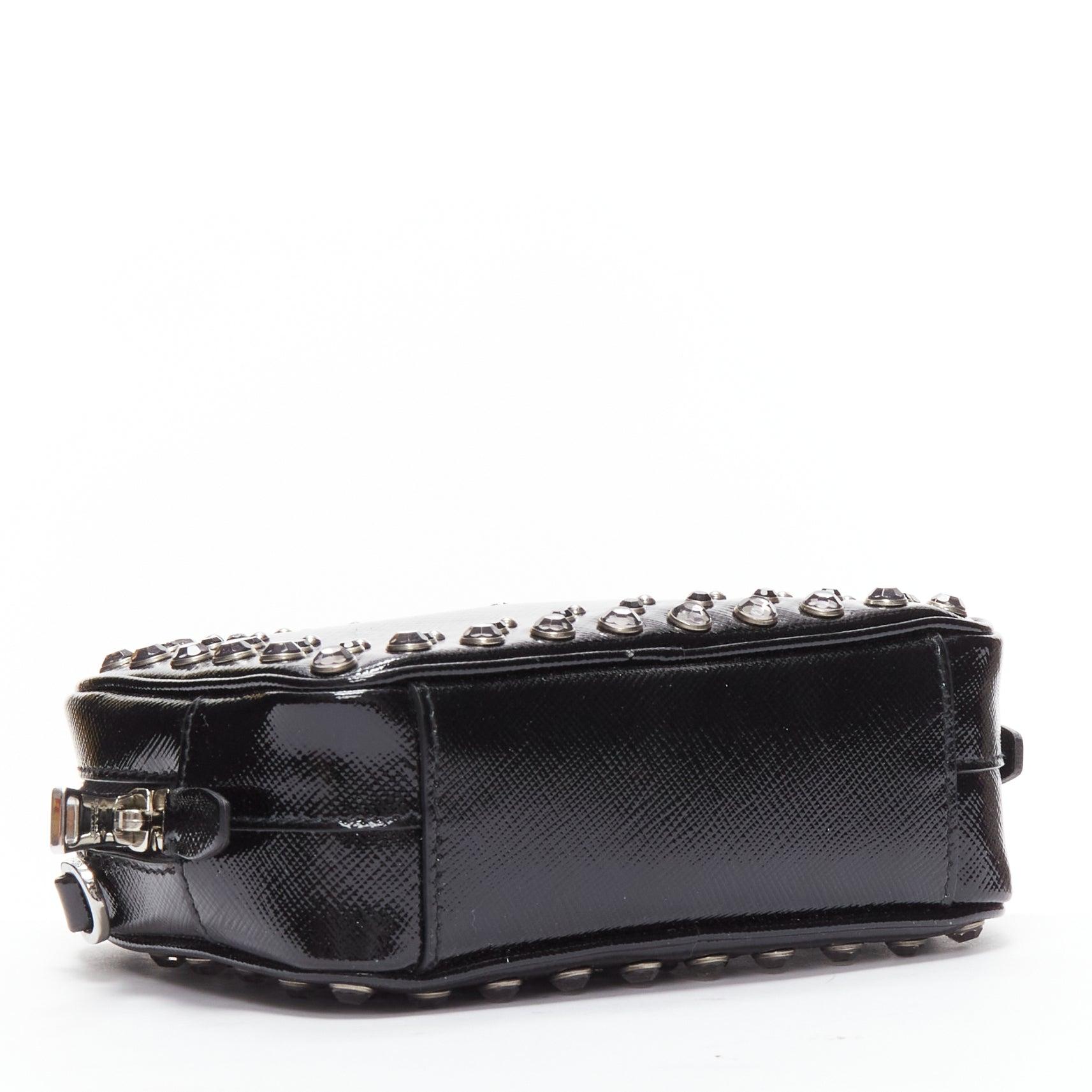 PRADA crystal silver stud logo black saffiano leather crossbody camera bag For Sale 1
