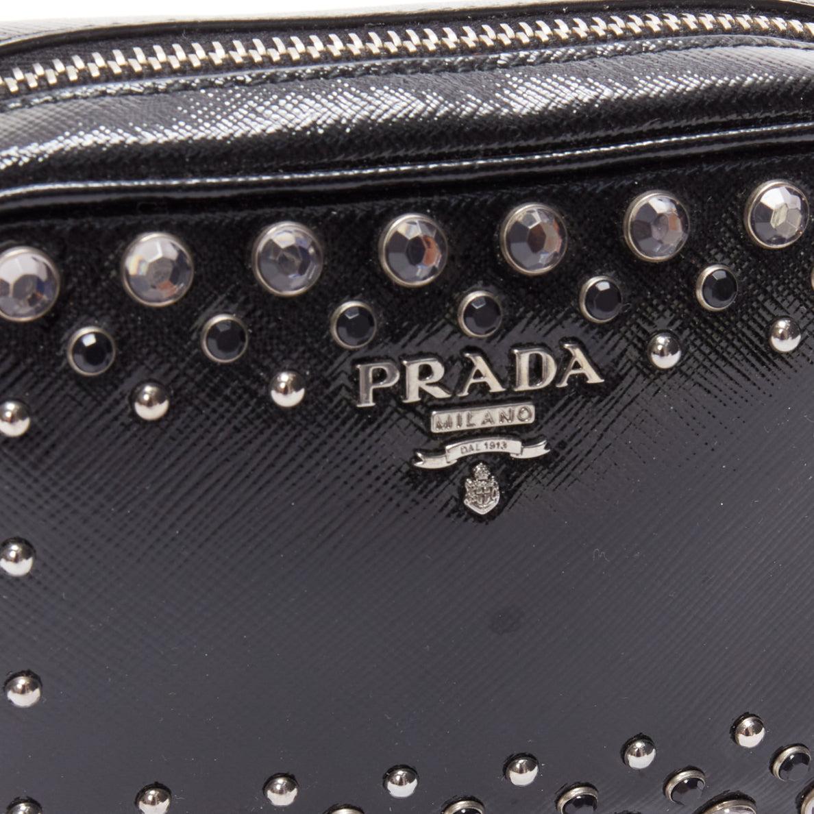PRADA crystal silver stud logo black saffiano leather crossbody camera bag For Sale 2