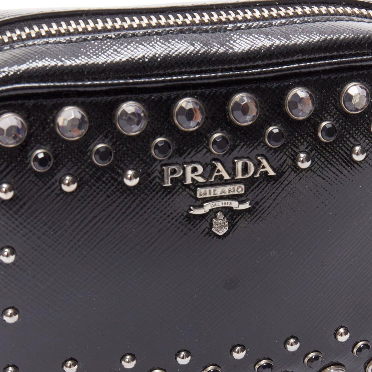 PRADA crystal silver stud logo black saffiano leather crossbody camera bag 3