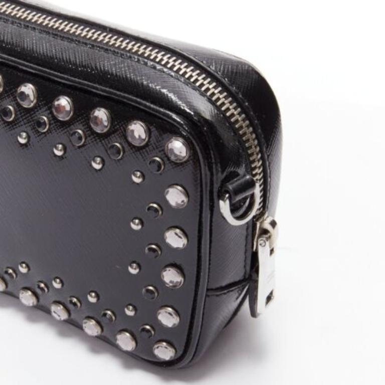 PRADA crystal silver stud logo black saffiano leather crossbody camera bag For Sale 3