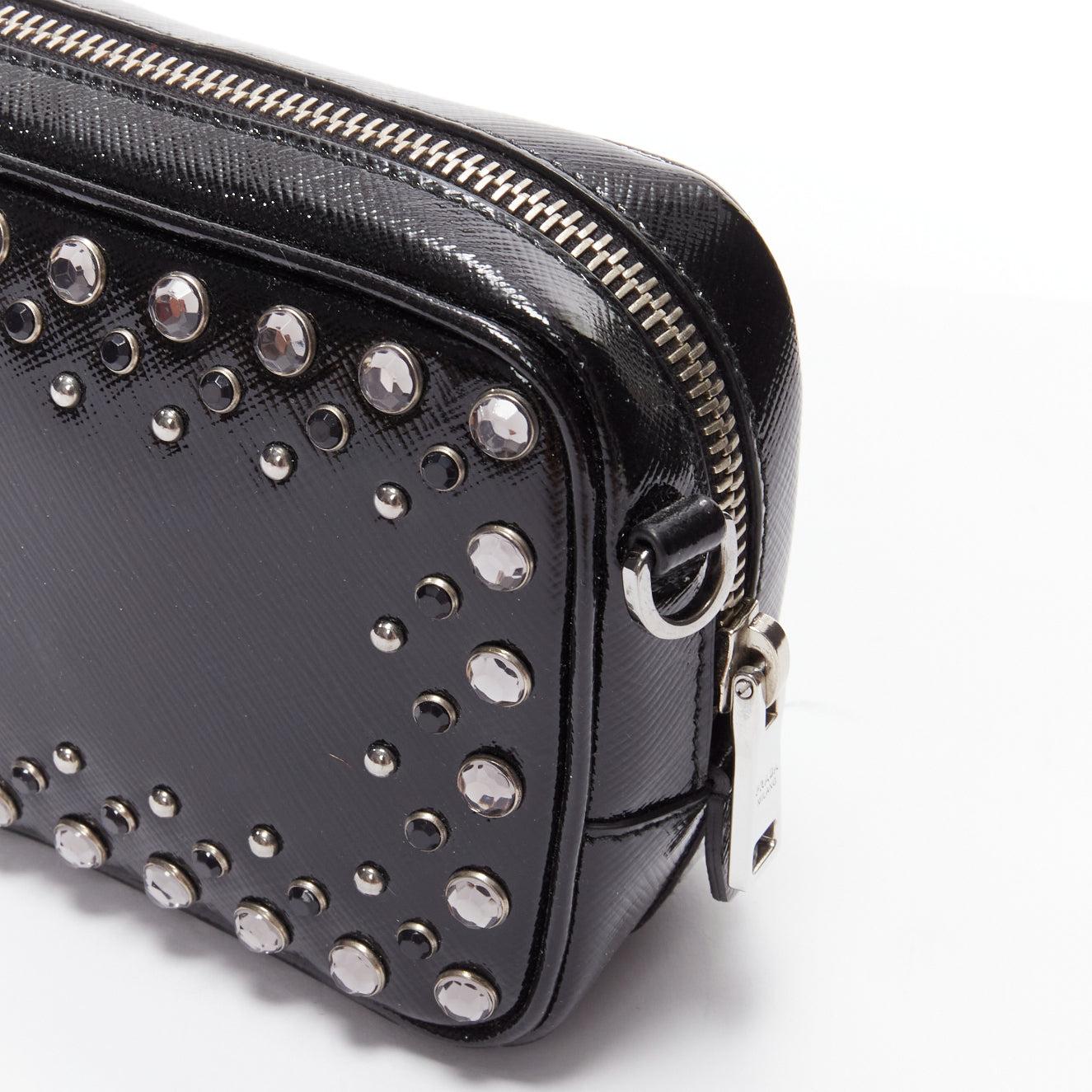 PRADA crystal silver stud logo black saffiano leather crossbody camera bag 4