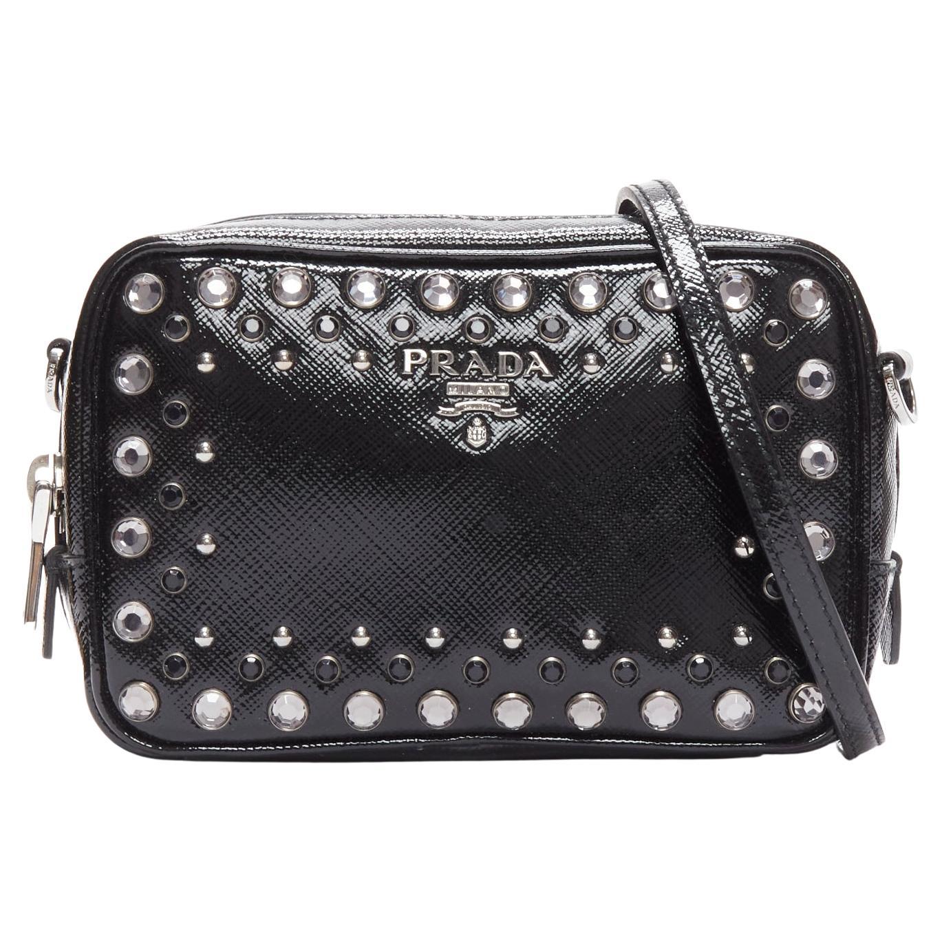 PRADA crystal silver stud logo black saffiano leather crossbody camera bag For Sale