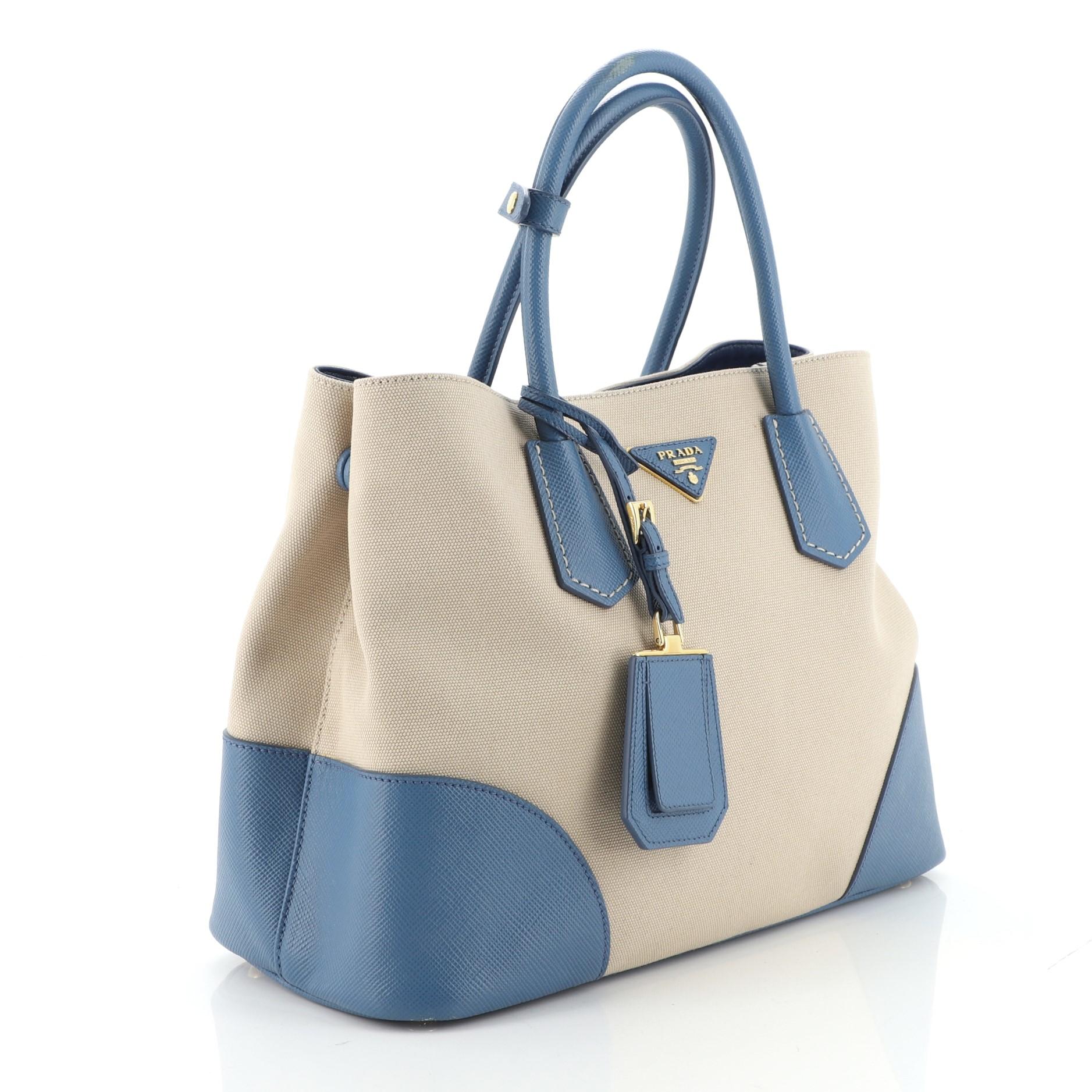 Gray Prada Cuir Double Tote Canvas and Saffiano Leather Small