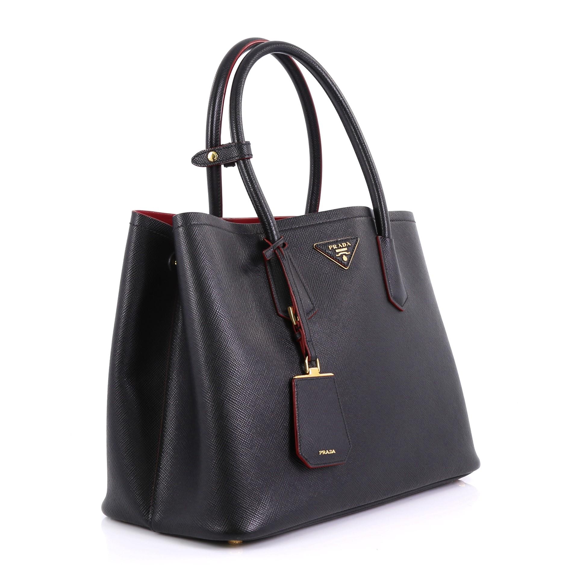 Black Prada Cuir Double Tote Saffiano Leather Medium