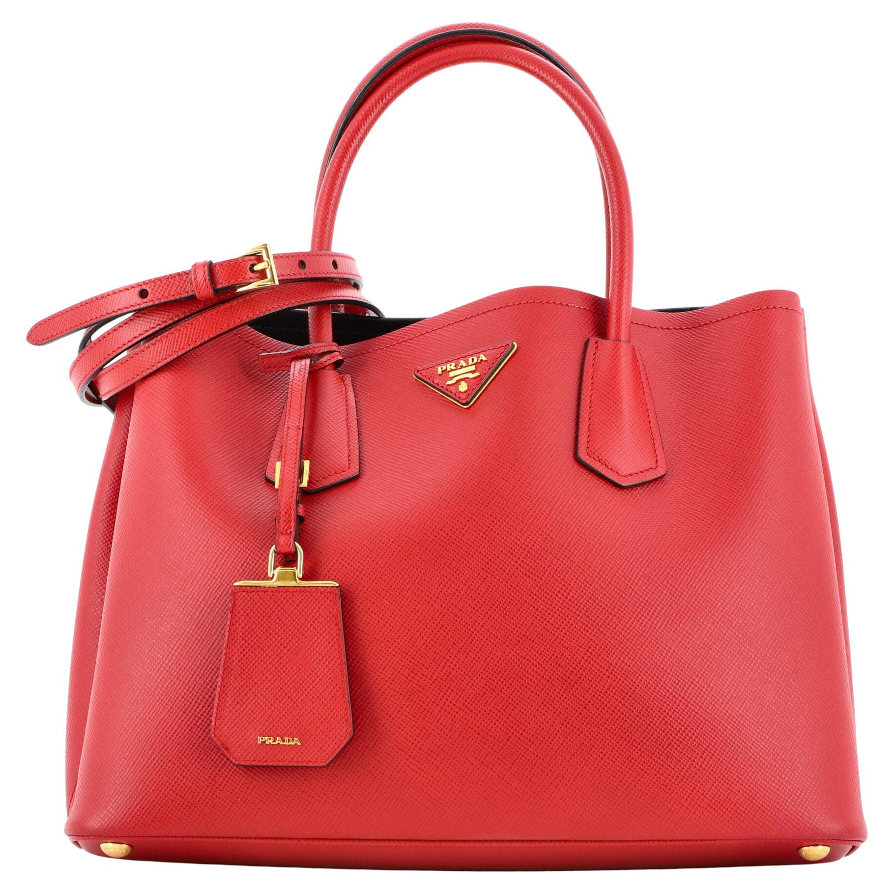 Prada Red/Black Saffiano Lux Leather Medium Double Zip Tote For Sale at ...