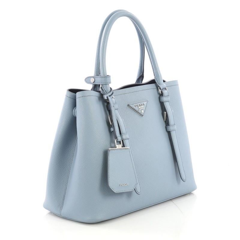 Blue Prada Cuir Double Tote Saffiano Leather Small