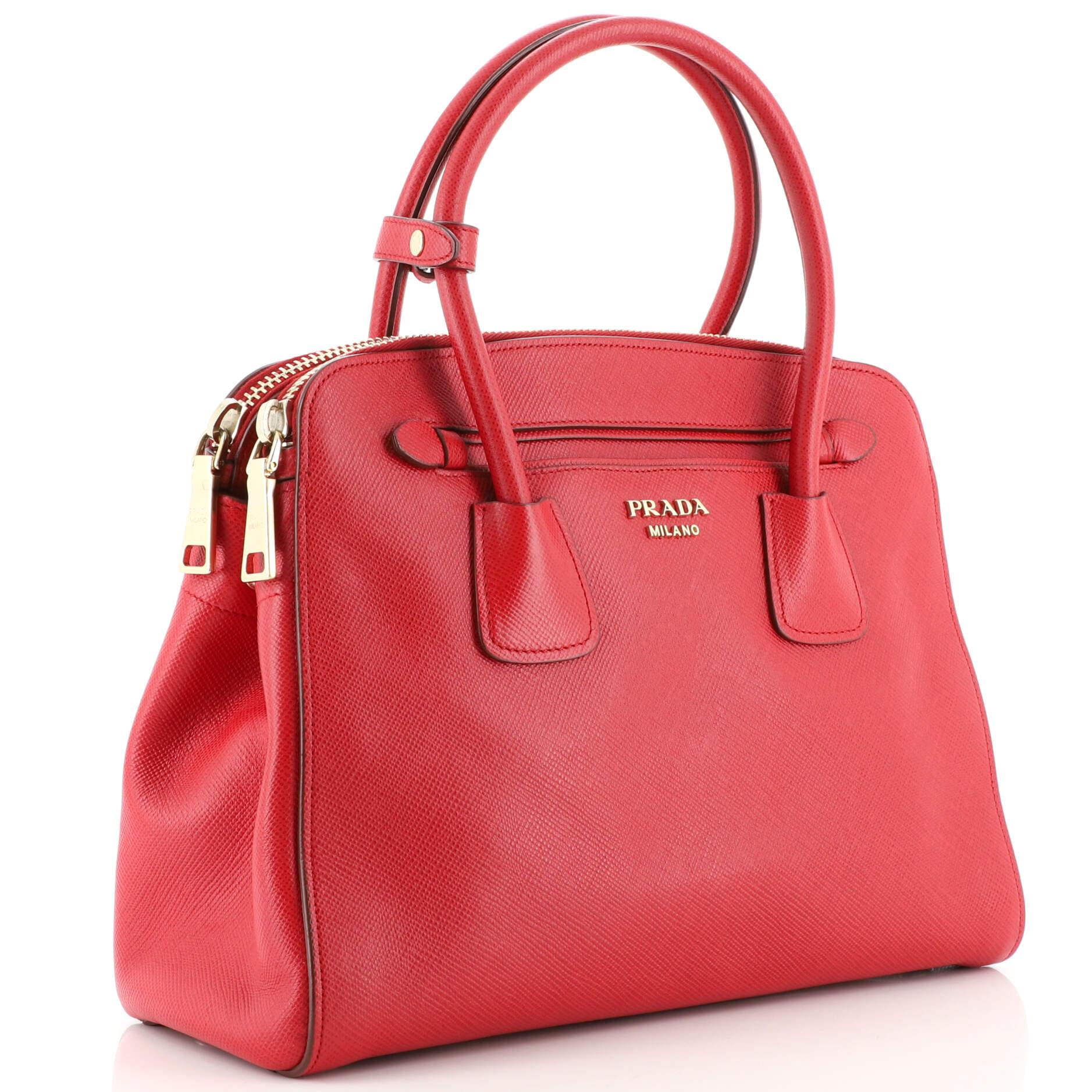Prada Cuir Frame Double Zip Tote Saffiano Leather Small For Sale at 1stDibs