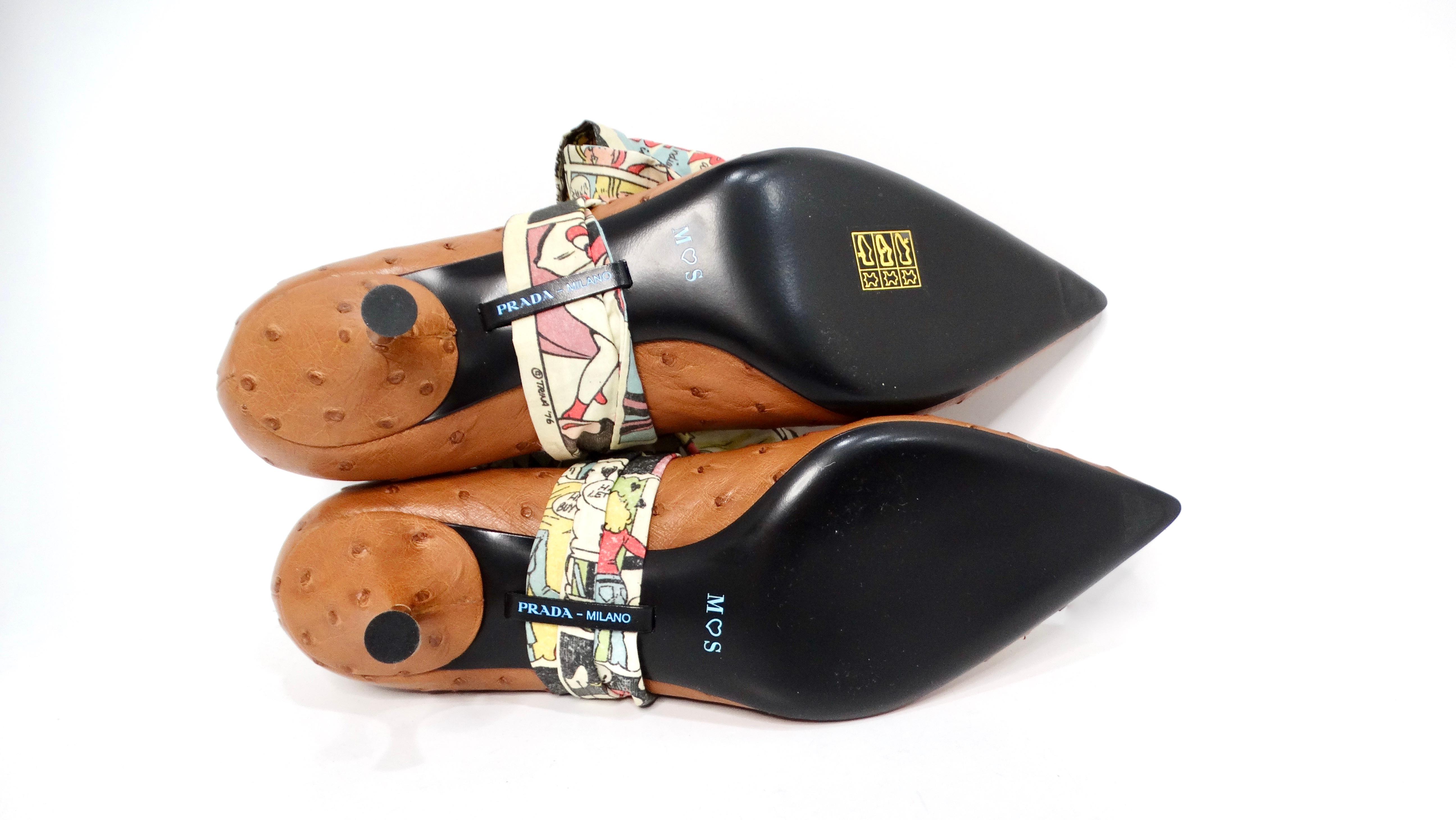 Prada Custom Brown Pelle Struzzo Embossed Kitten Heels Con Fiocco Rimovibile in vendita 1