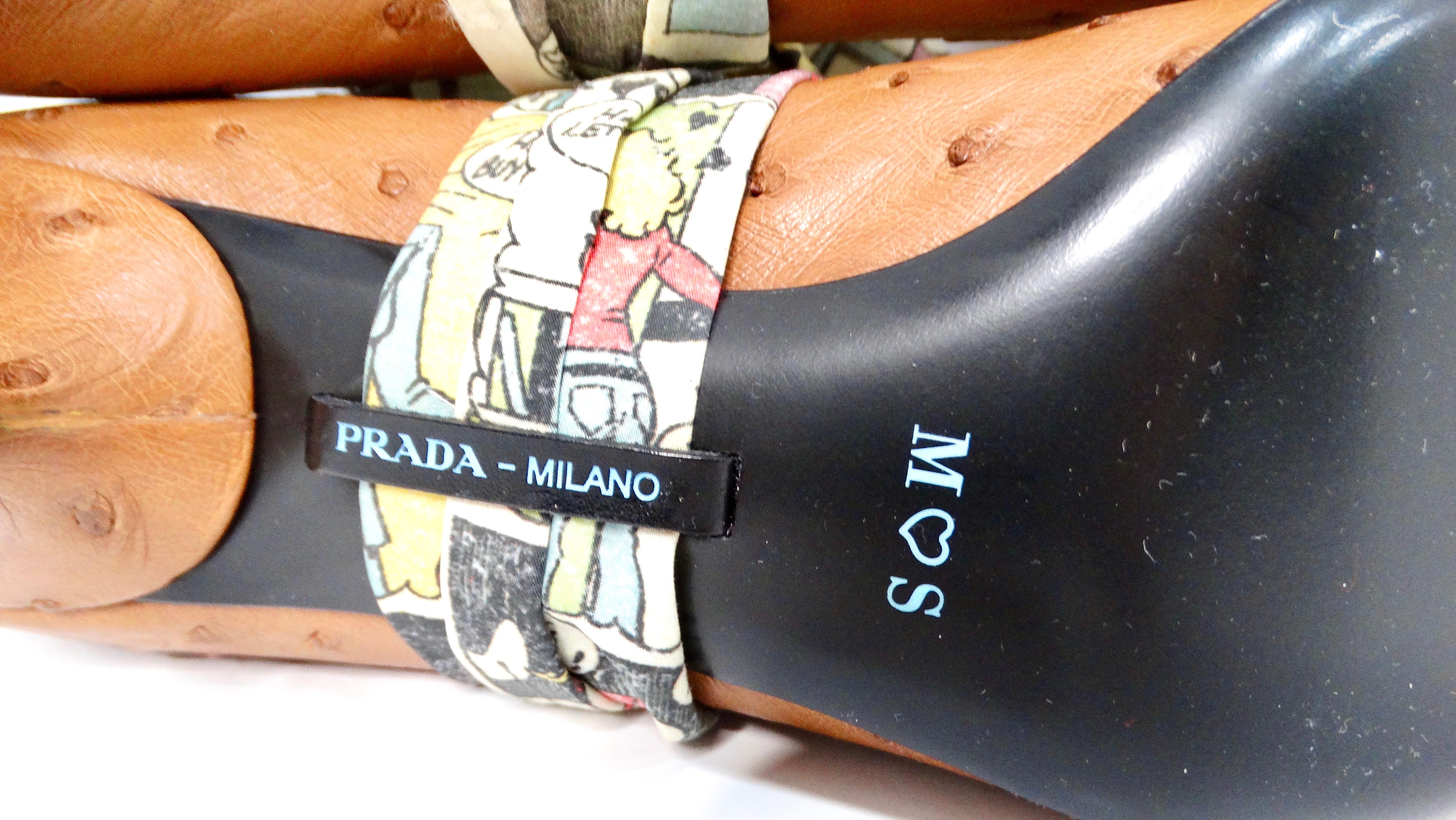 Prada Custom Brown Pelle Struzzo Embossed Kitten Heels Con Fiocco Rimovibile in vendita 2