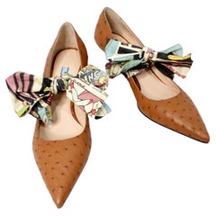 Prada Custom Brown Leather Ostrich Embossed Kitten Heels With Removable Bow