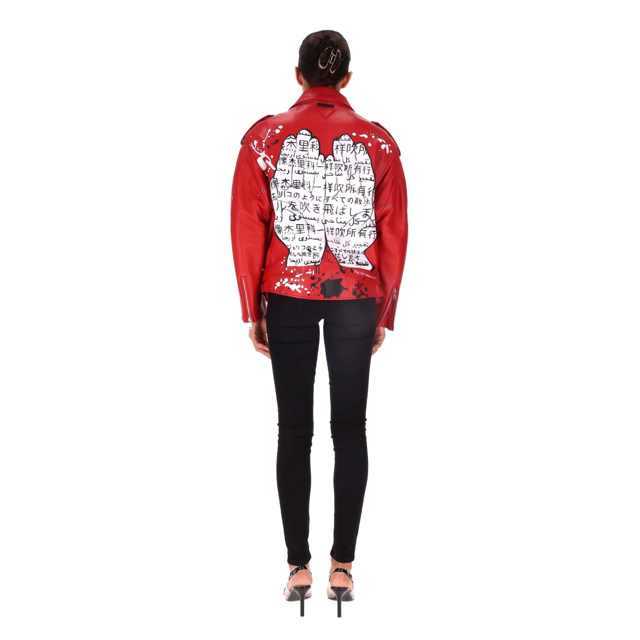 Prada Custom Painted Leder & Nerz Pelz Biker Jacke im Zustand „Hervorragend“ im Angebot in London, GB