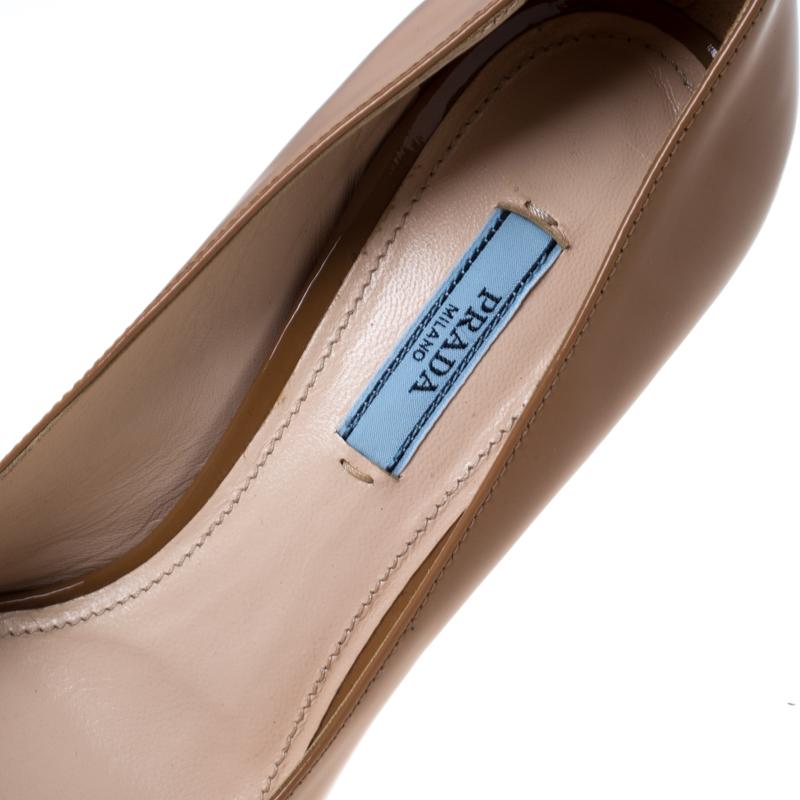 Women's Prada Dark Beige Patent Peep Toe Platform Pumps Size 38
