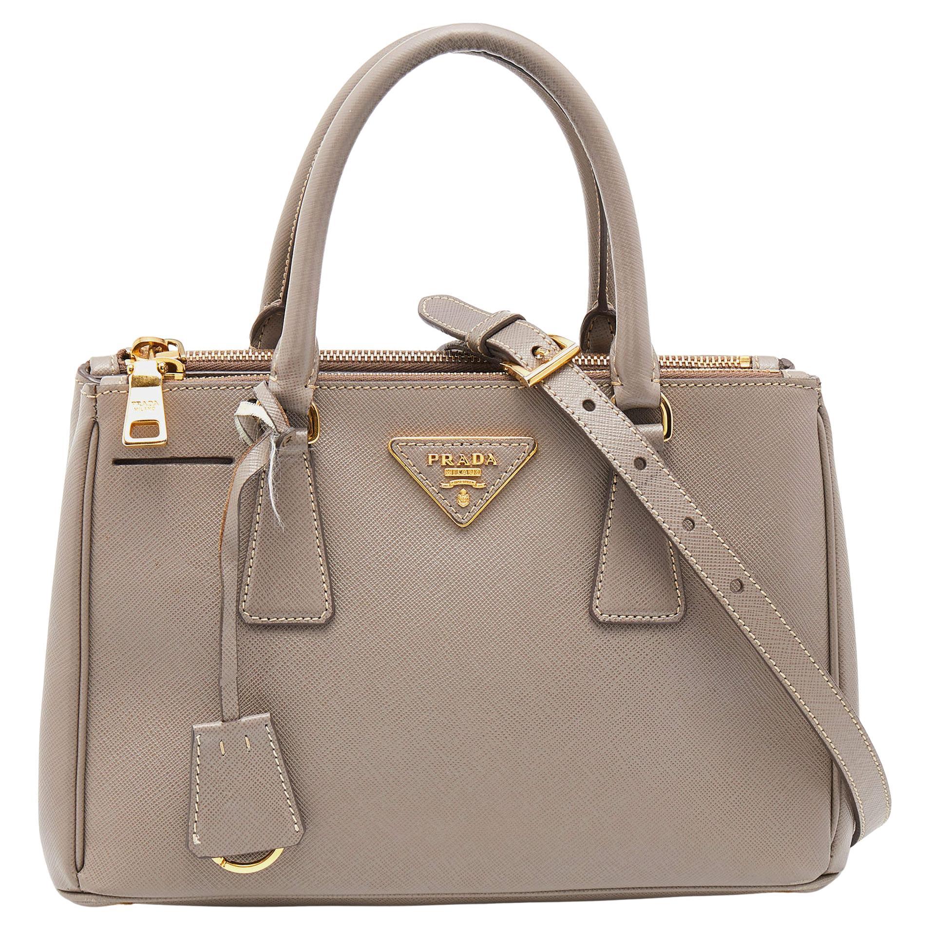 Prada Dark Beige Saffiano Lux Leather Mini Galleria Tote