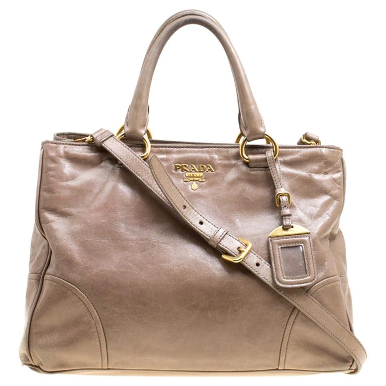 Prada Dark Beige Vitello Shine Leather Top Handle Bag For Sale at 1stDibs