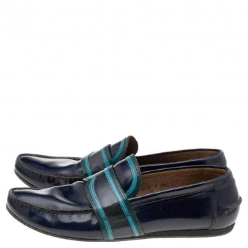 Black Prada Dark Blue Leather Penny Sip On Loafers Size 43.5 For Sale