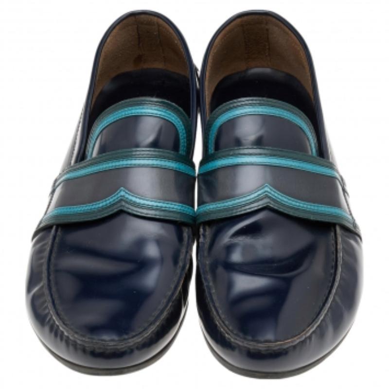 Men's Prada Dark Blue Leather Penny Sip On Loafers Size 43.5 For Sale