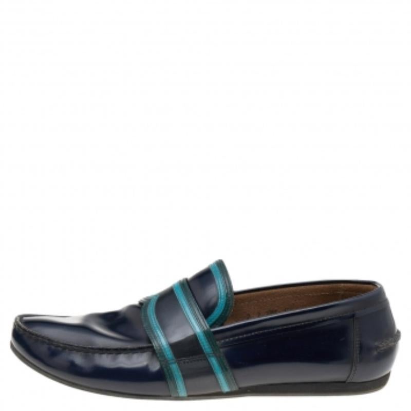 Prada Dark Blue Leather Penny Sip On Loafers Size 43.5 For Sale 2