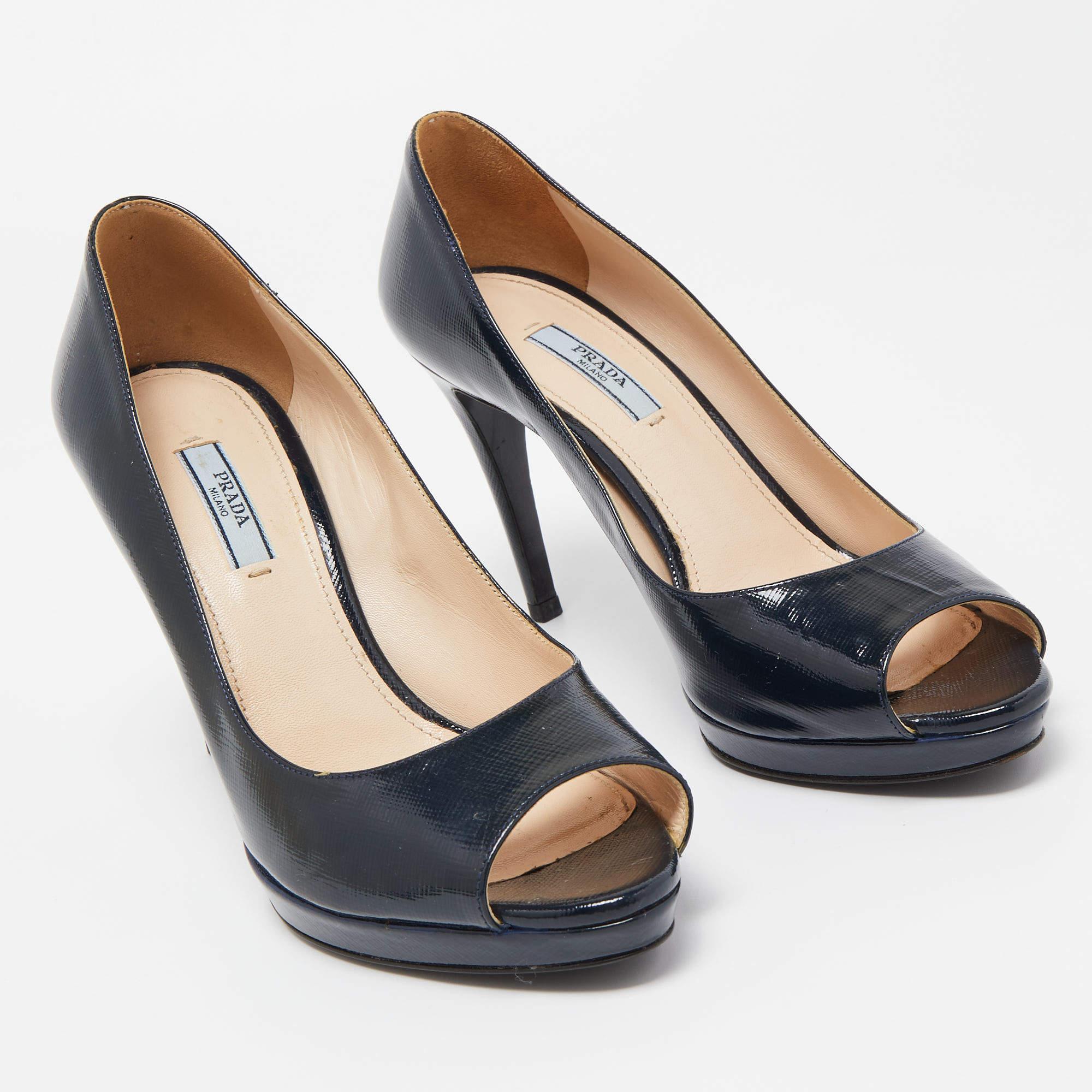 Women's Prada Dark Blue Patent Leather Peep Toe Pumps Size 38 For Sale