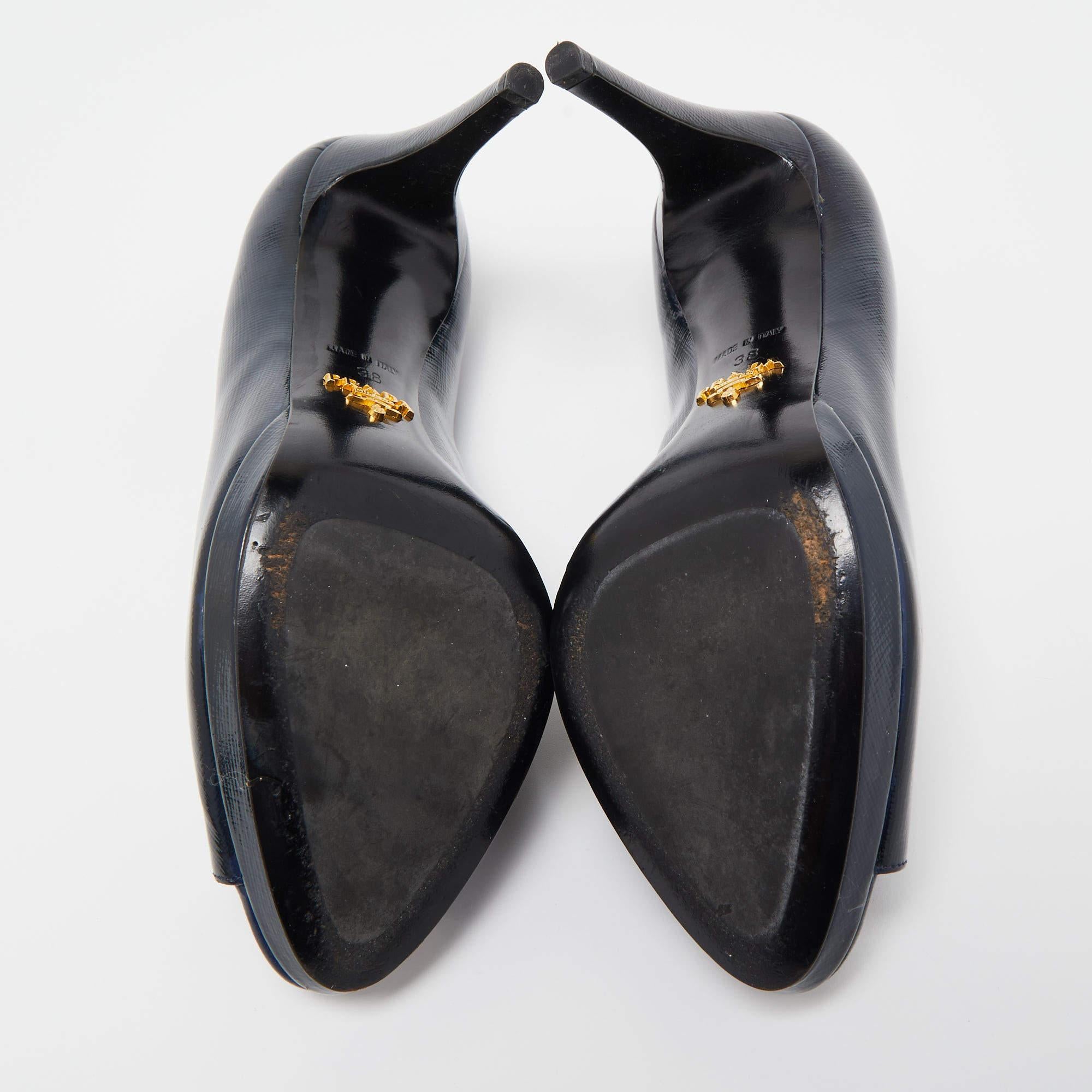 Prada Dark Blue Patent Leather Peep Toe Pumps Size 38 For Sale 3