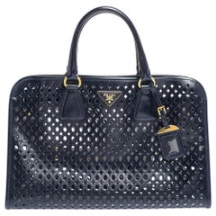 Prada Dark Blue Perforated Patent Leather Tote