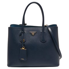 Prada Dark Blue Saffiano Leather Double Tote Bag
