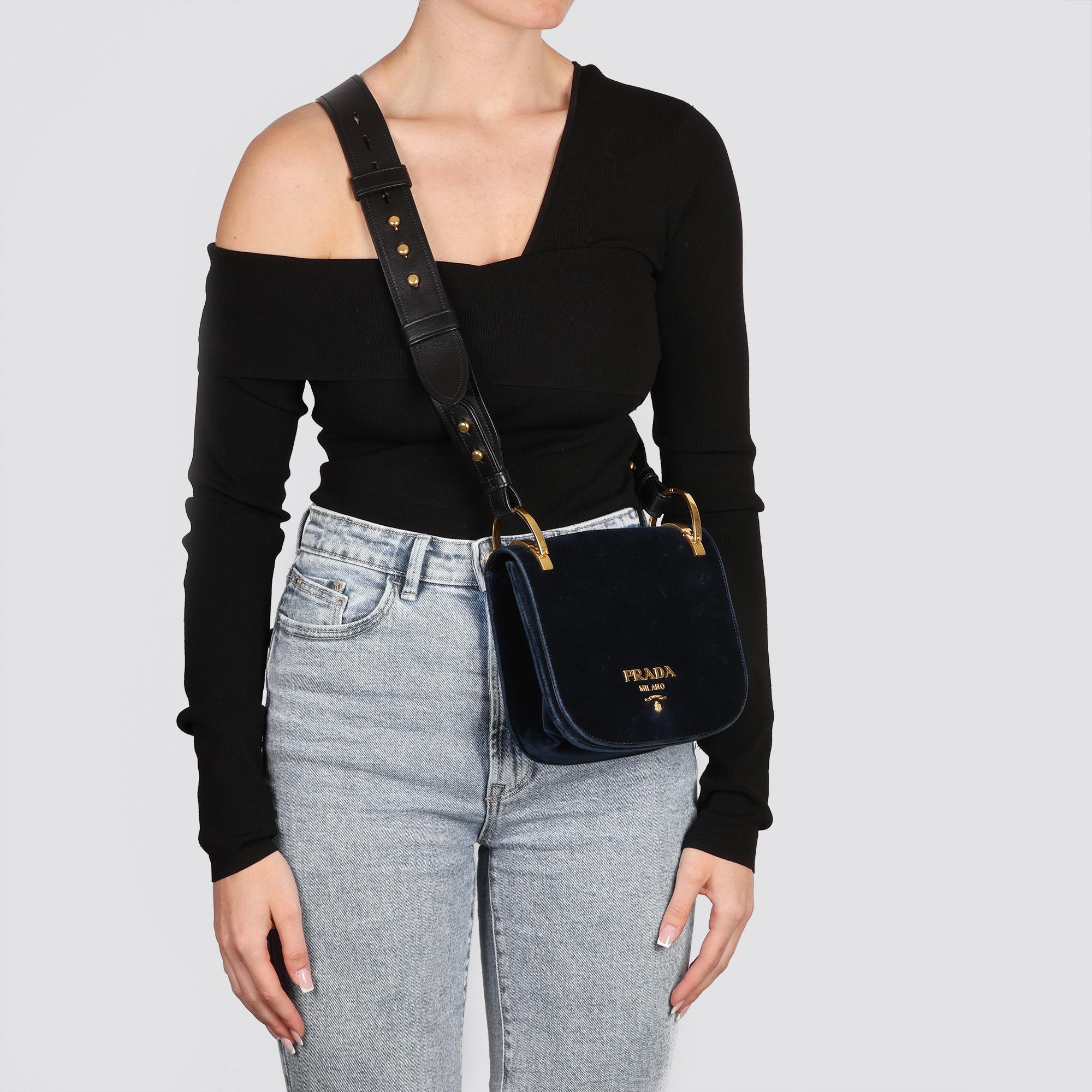 PRADA  Dark Blue Velvet & Black Calfskin Leather Pionnière Shoulder Bag 7