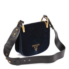 PRADA  Dark Blue Velvet & Black Calfskin Leather Pionnière Shoulder Bag