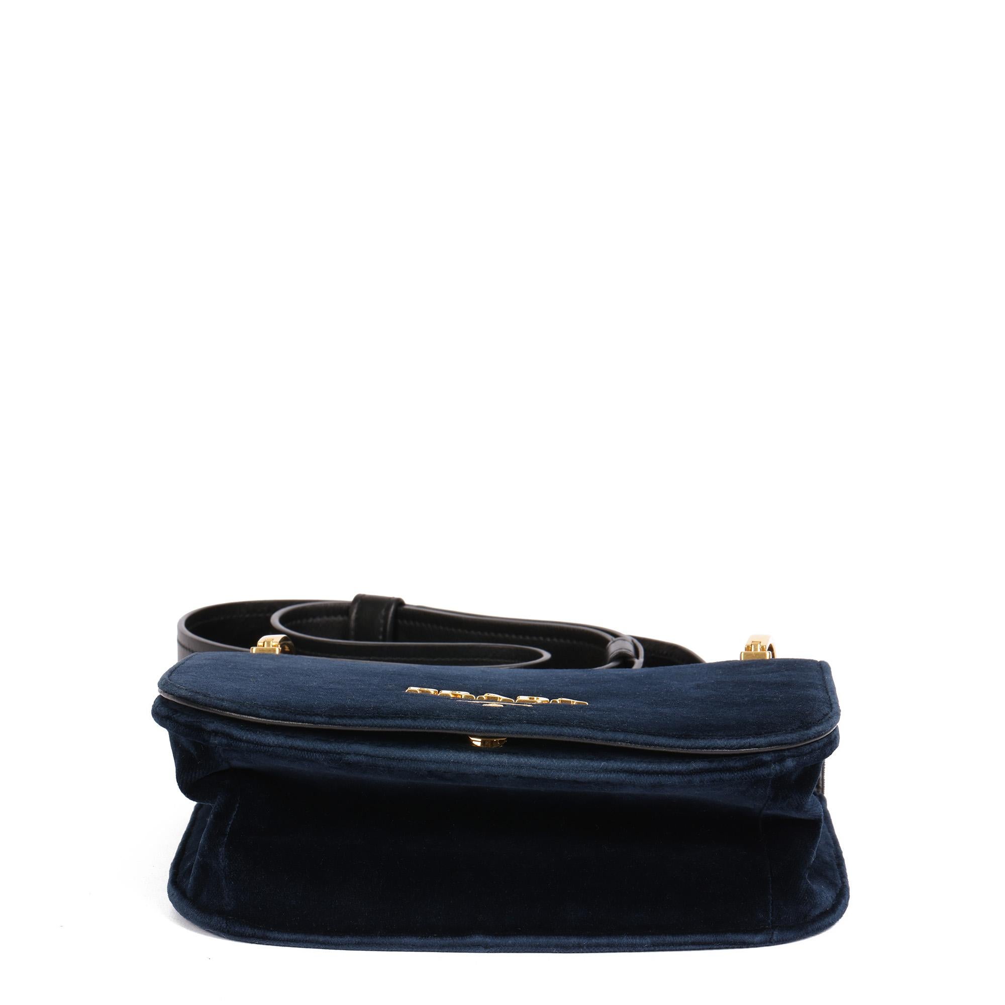 PRADA  Dark Blue Velvet & Black Calfskin Leather Pionnière Shoulder Bag In Good Condition In Bishop's Stortford, Hertfordshire